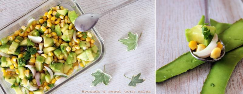 Món chay : salsa bắp ngọt và quả bơ .